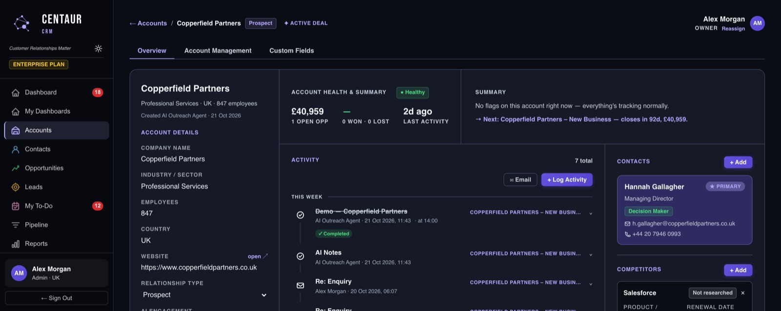 Centaur CRM account detail page in dark theme showing account health, a summary, contacts and activity in one layout