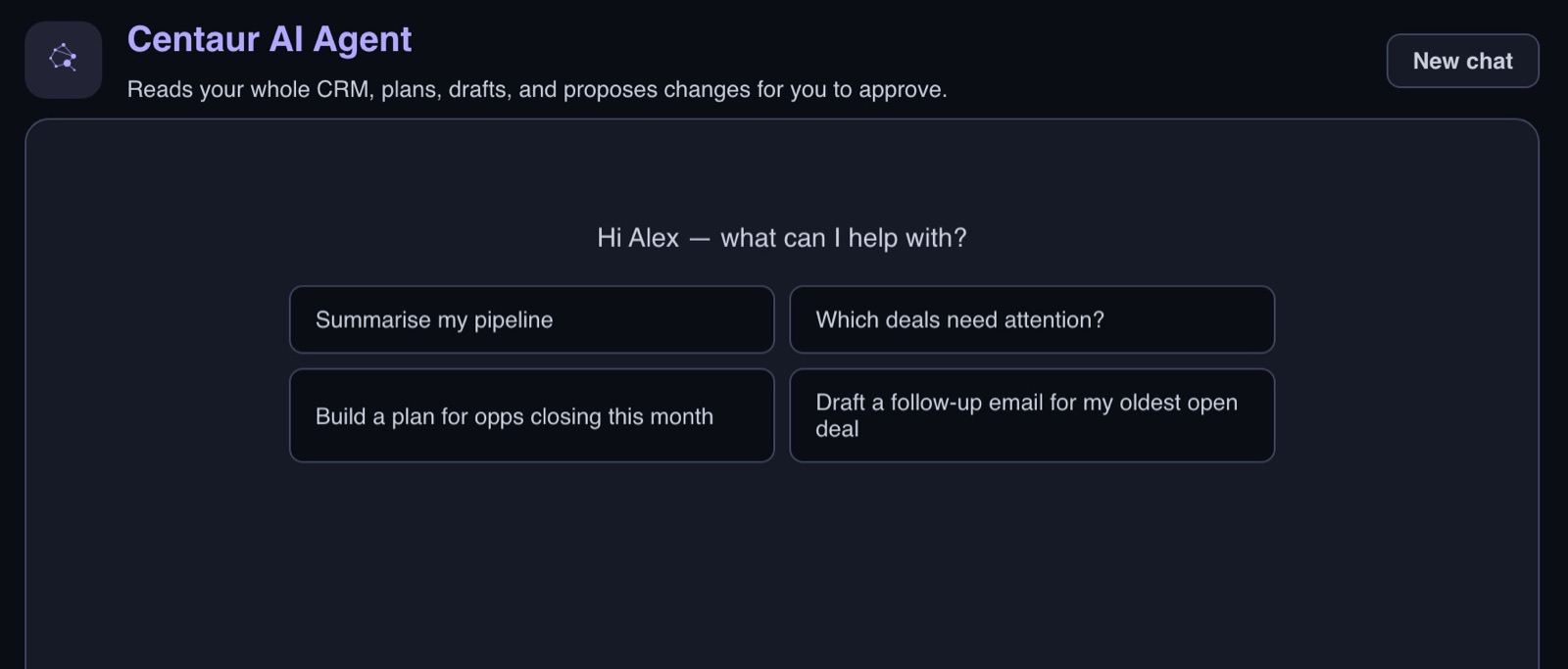 The Centaur AI Agent chat page, with suggested questions such as Which deals need attention and Build a plan for opps closing this month